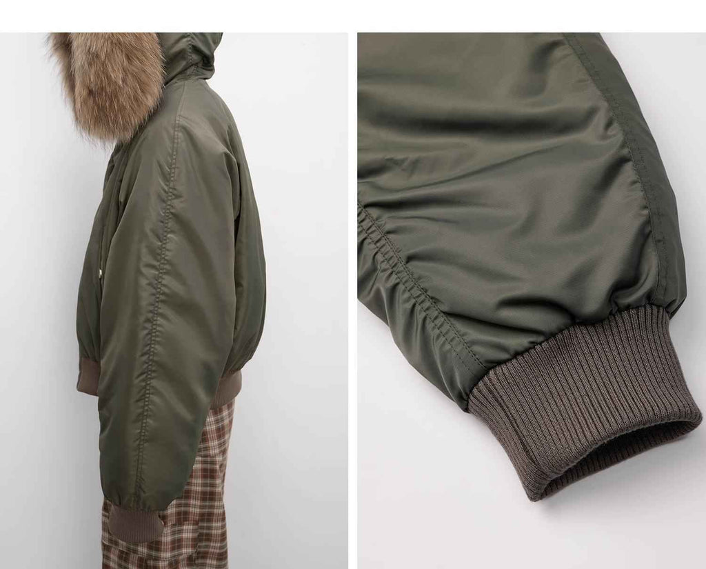 Raccoon Fur Collar Down Bomber Jacket with Detachable Hood and Waterproof Shell