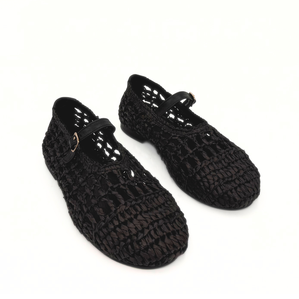 Elaina Raffia Mary Janes in black — pair, angled view