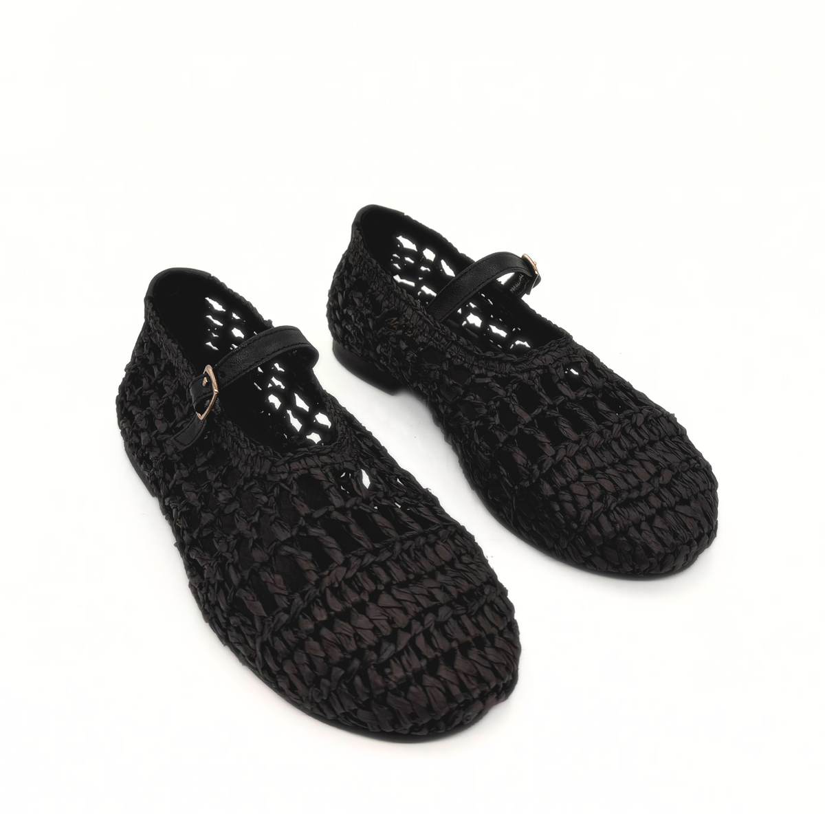 Elaina Raffia Mary Janes in black — pair, angled view