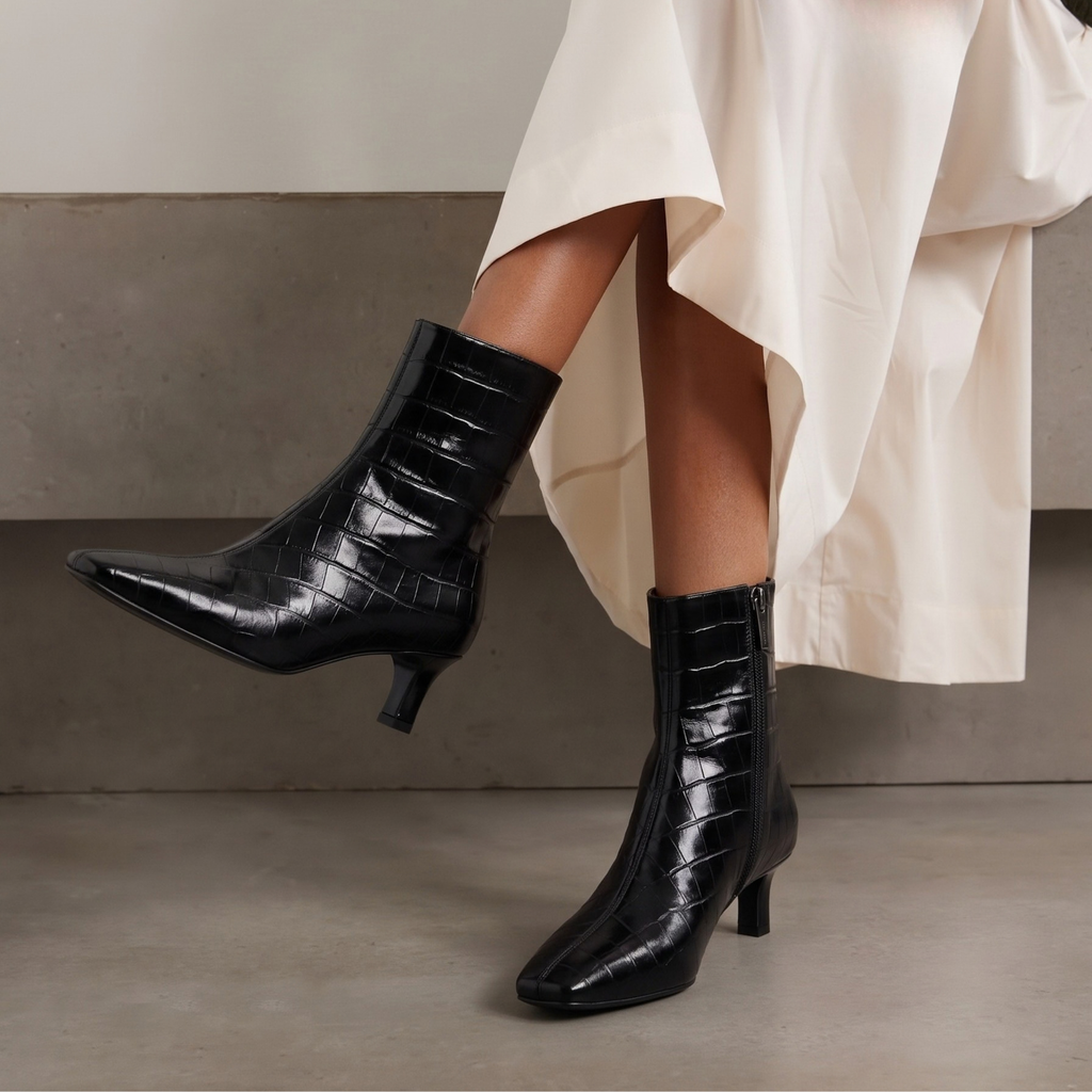 Tess Kitten Heel Booties in black croc — styled on model