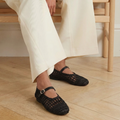 Elaina Raffia Mary Janes in black — styled on model