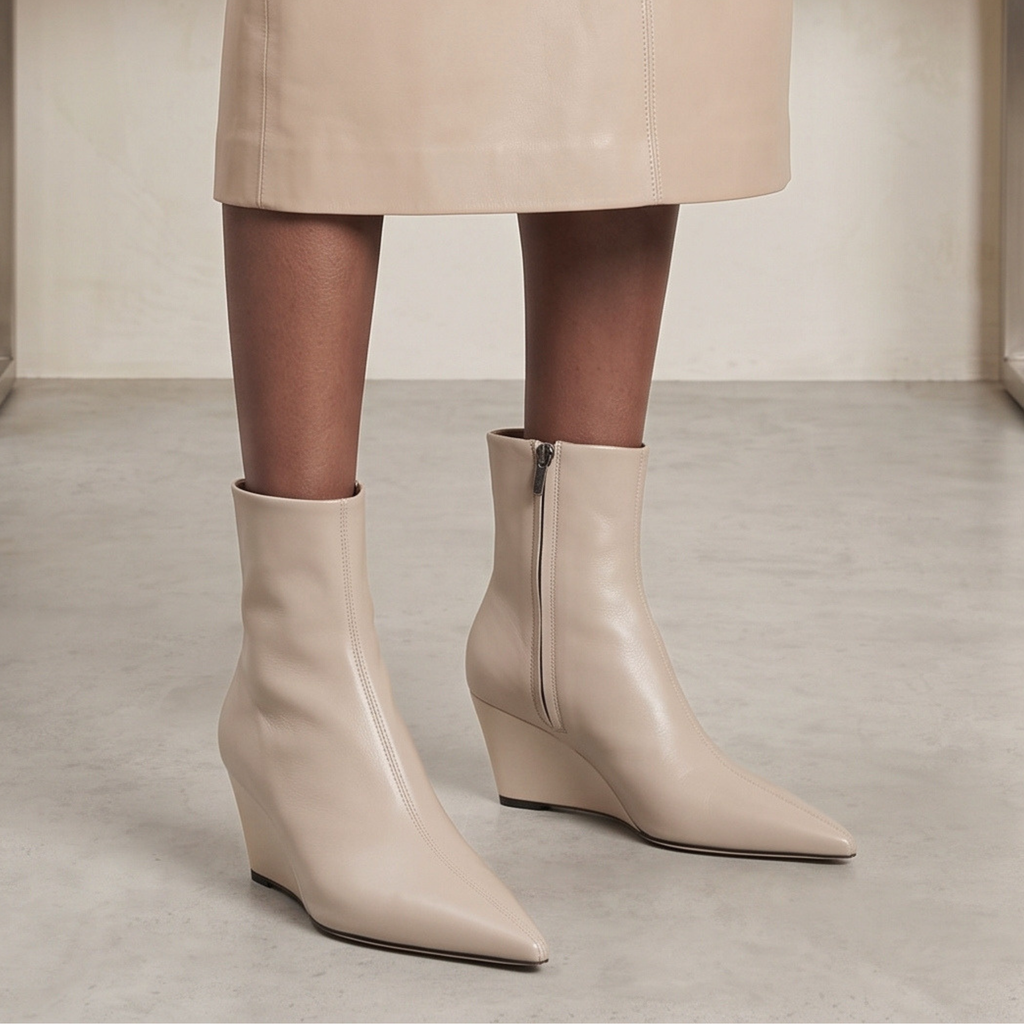 Jody Leather Wedge Boots in bone — styled on model