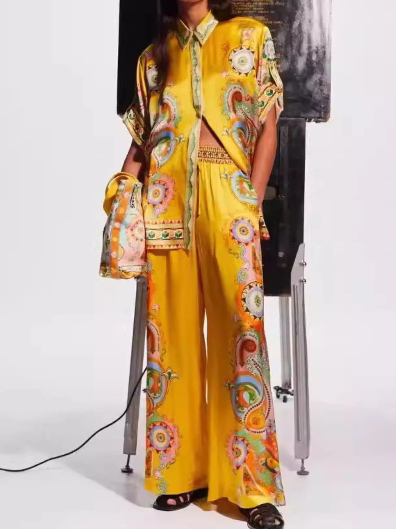 Printed Button Up Shirt and Pants Set