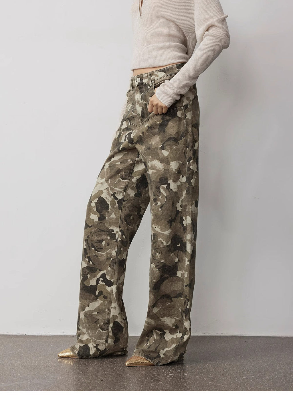“Camouflage Charm” Washed Camouflage Print Loose Straight-Leg Denim Jeans
