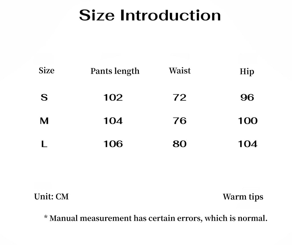 Rhythm in the Same Frequency pants size chart in cm: pants length, waist and hip for sizes S, M and L