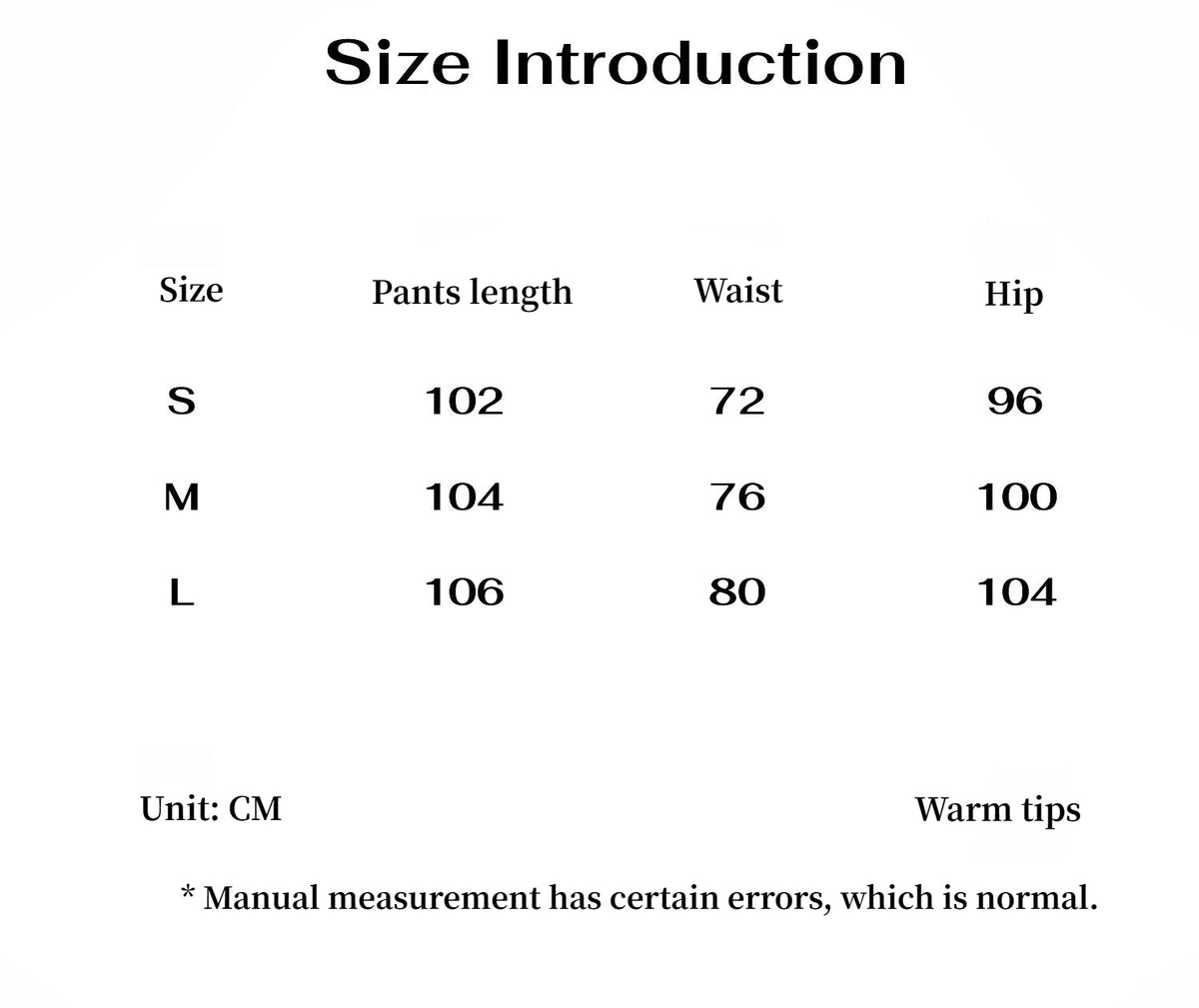 Rhythm in the Same Frequency pants size chart in cm: pants length, waist and hip for sizes S, M and L