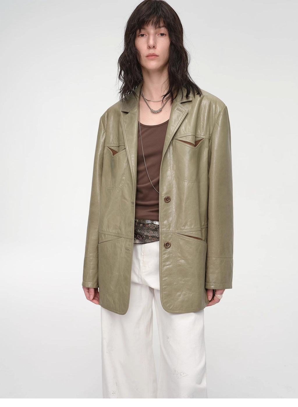 "Windsor Past" Wide-Shoulder Multi-Pocket Waxed Leather Suit Jacket