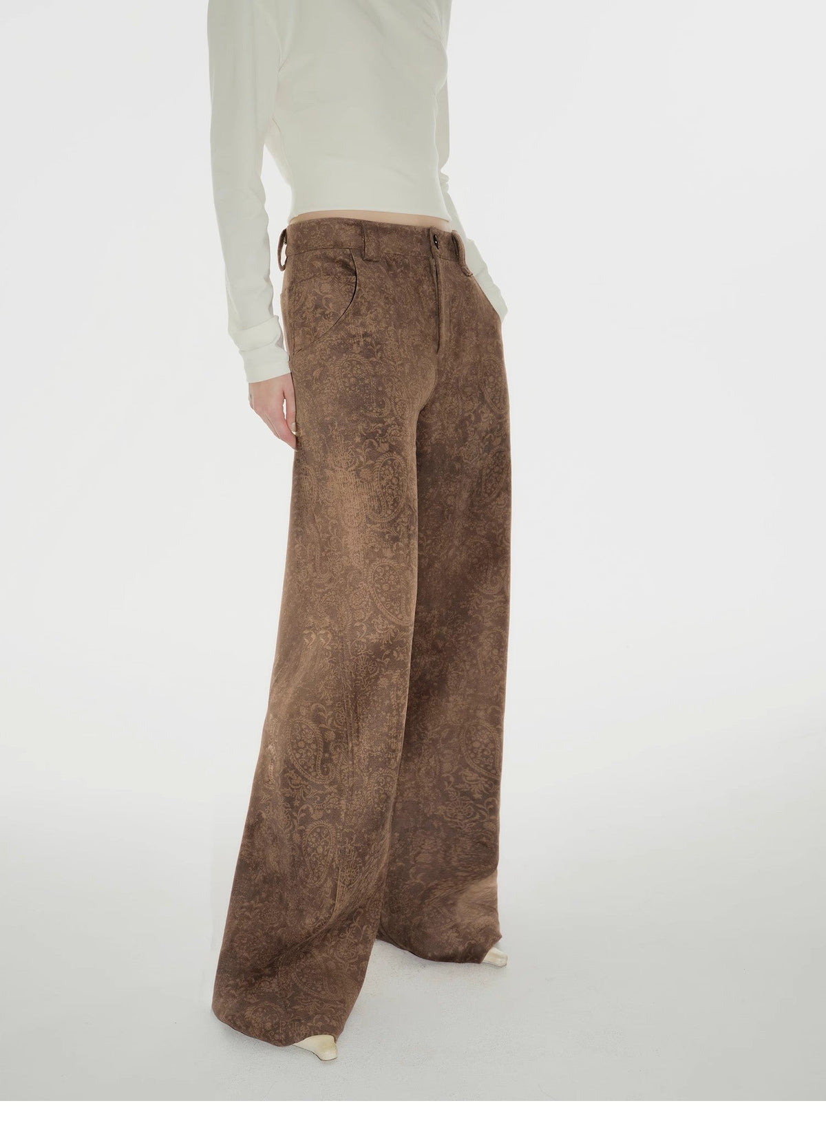 Custom Title — "Vintage Walk" Retro Chenille Suede Mid-Rise Paisley Print Pants