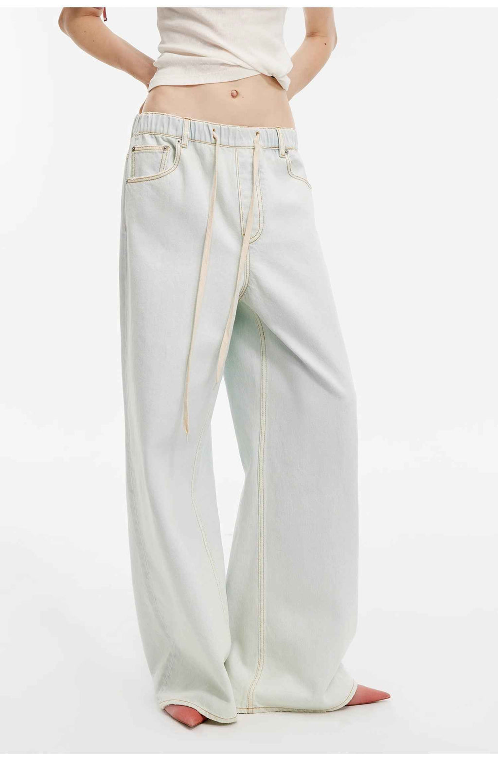 "Mint Whisper" Washed Wide-Leg Jeans with Adjustable Drawstring Waist