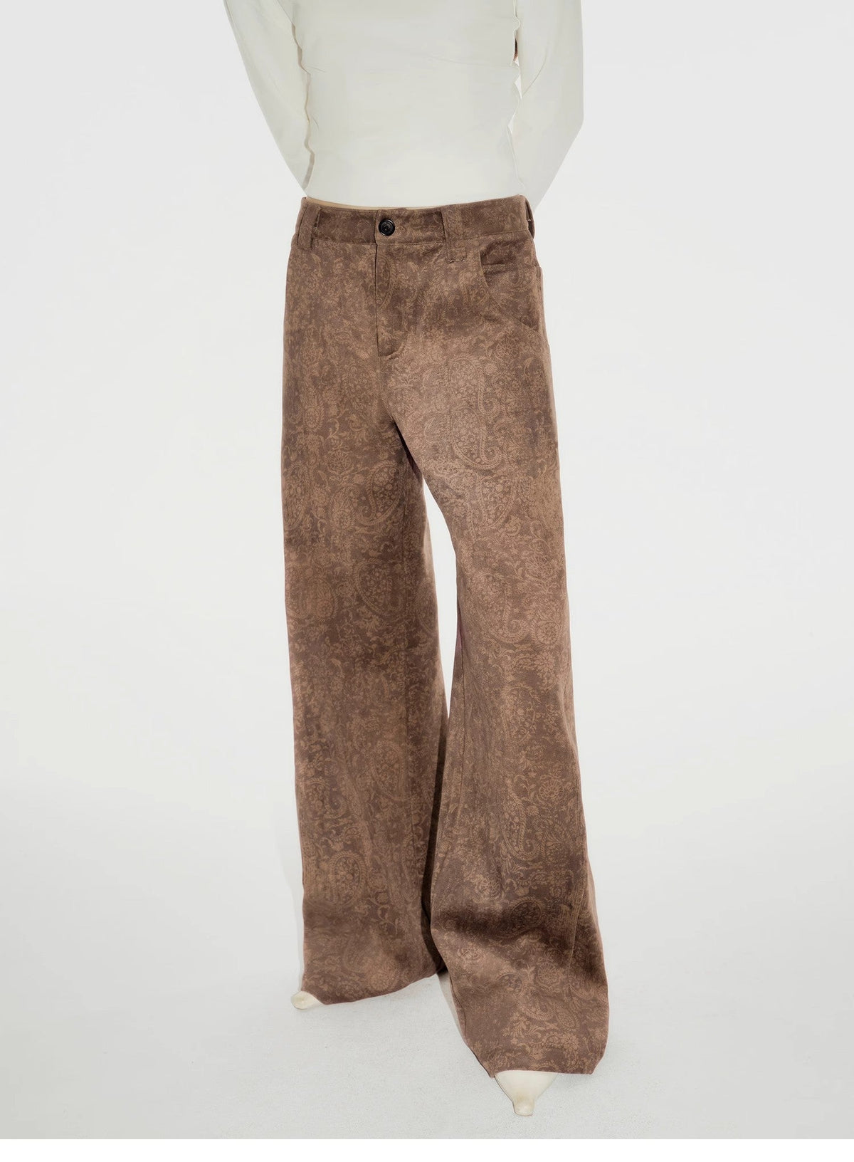 Custom Title — "Vintage Walk" Retro Chenille Suede Mid-Rise Paisley Print Pants