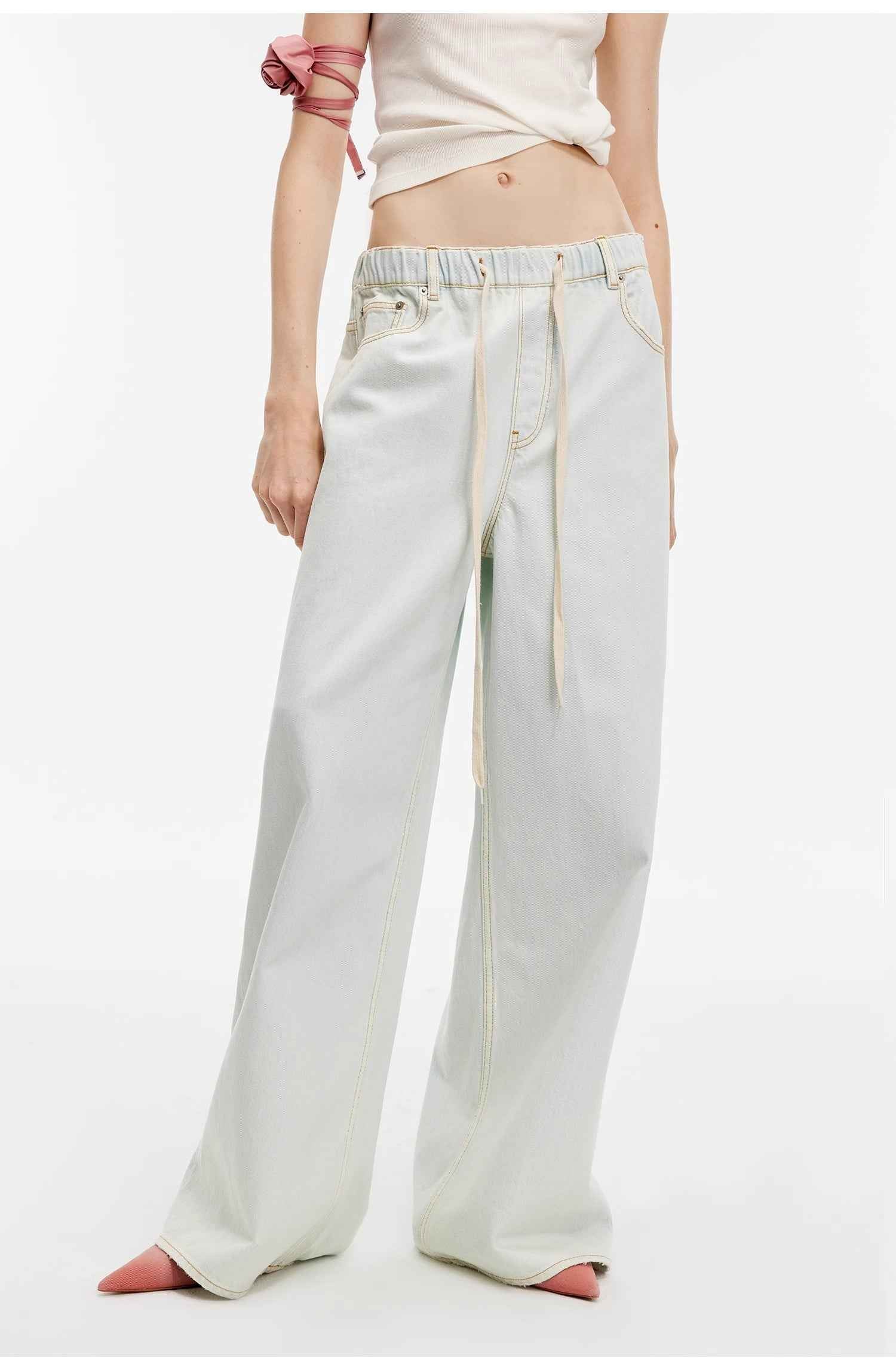"Mint Whisper" Washed Wide-Leg Jeans with Adjustable Drawstring Waist