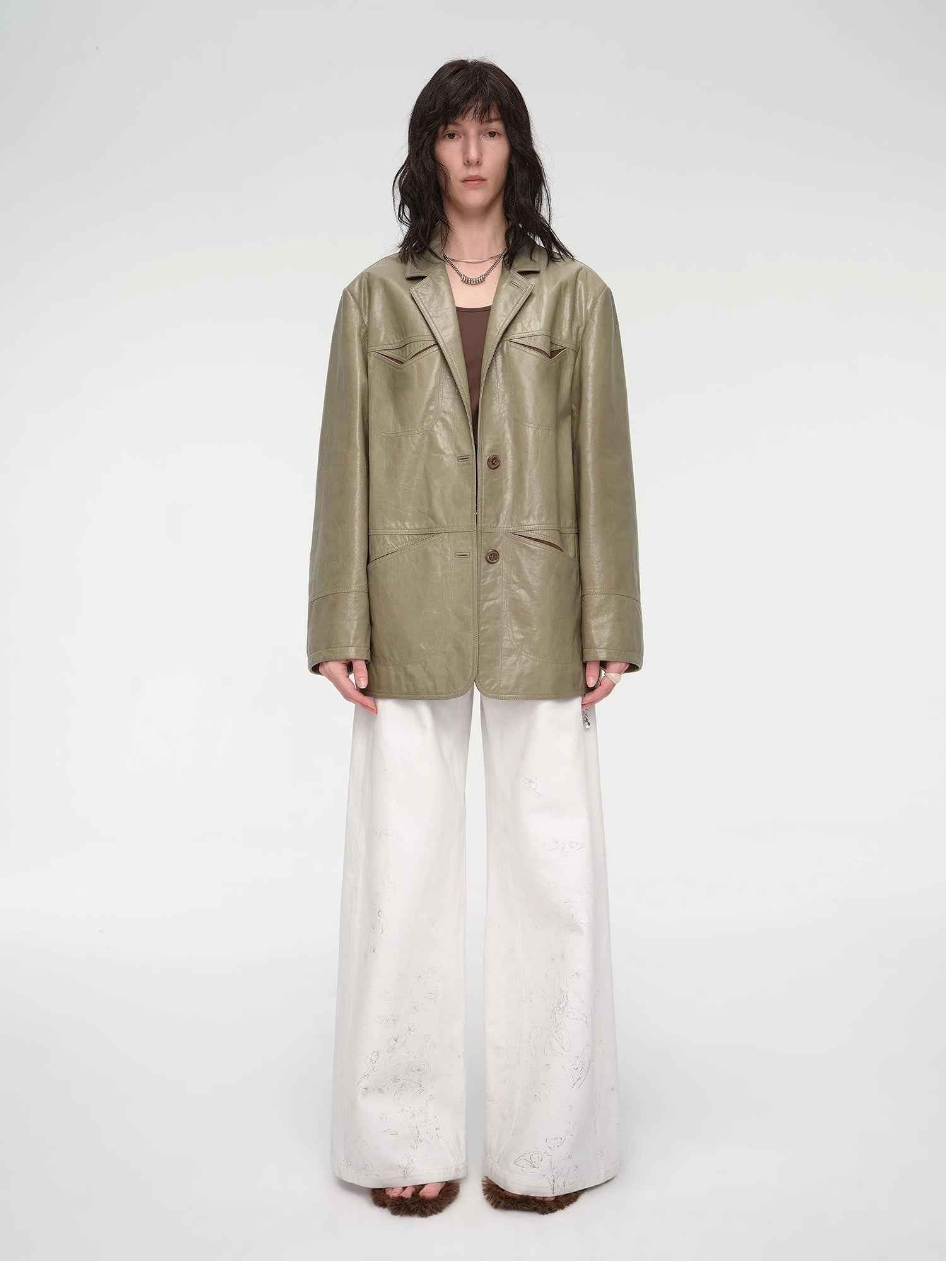 "Windsor Past" Wide-Shoulder Waxed Leather Suit Jacket