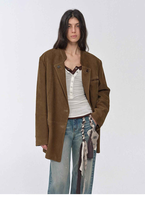 "Bavaria" Vintage Suede and Waxed Goatskin Leather Mid-Length Suit Jacket