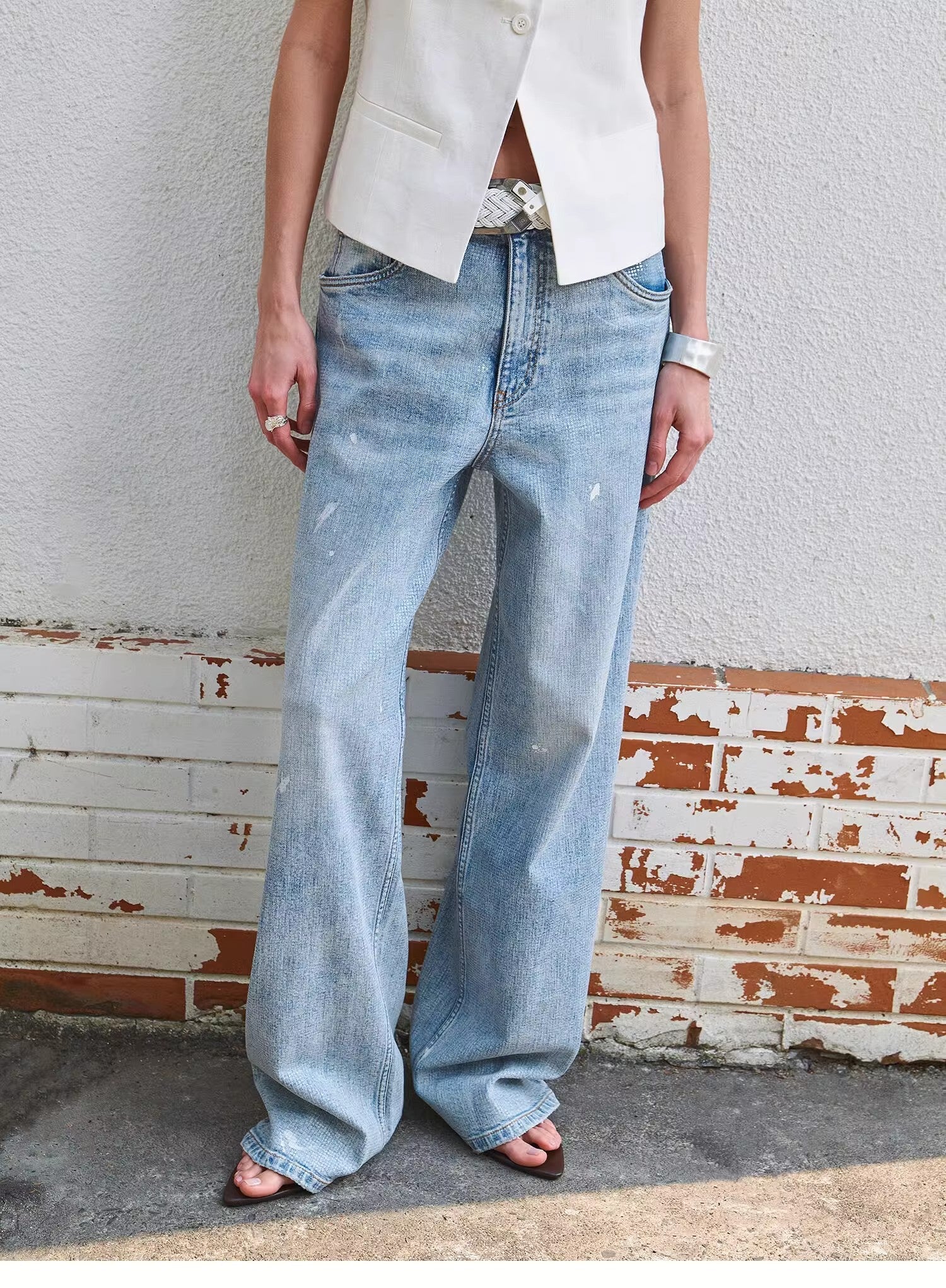 “Art Journey” Distressed Dirty-Dyed Tencel Cotton Jeans with Hot-Fixed Sequins