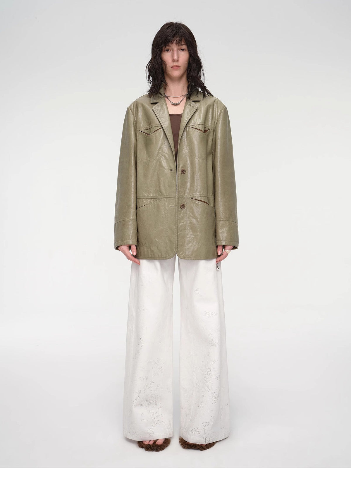 "Windsor Past" Wide-Shoulder Multi-Pocket Waxed Leather Suit Jacket