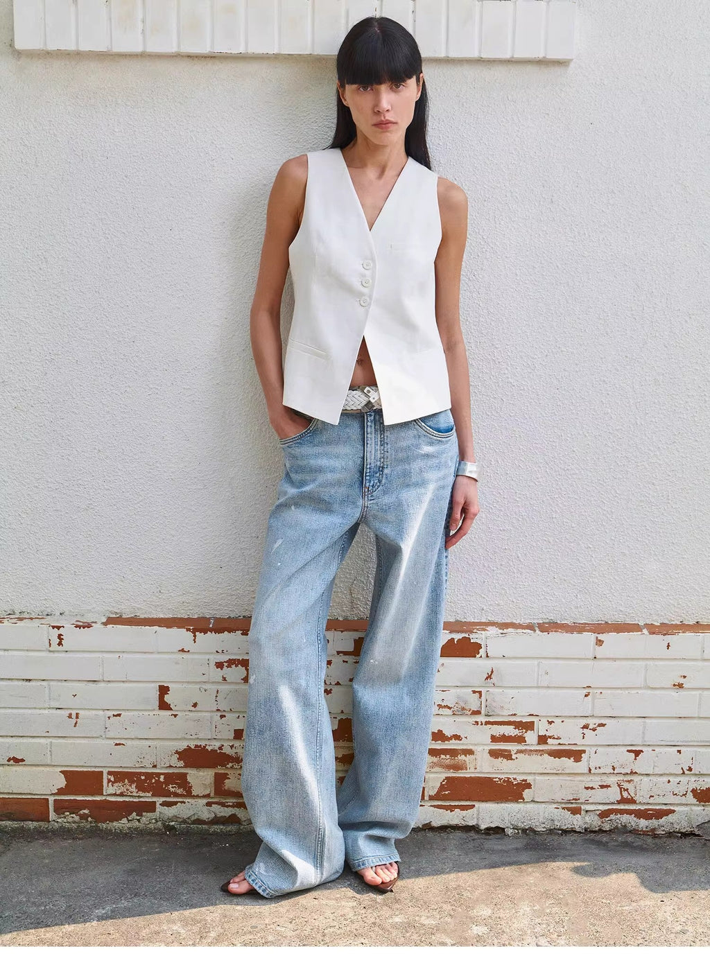 “Art Journey” Distressed Dirty-Dyed Tencel Cotton Jeans with Hot-Fixed Sequins