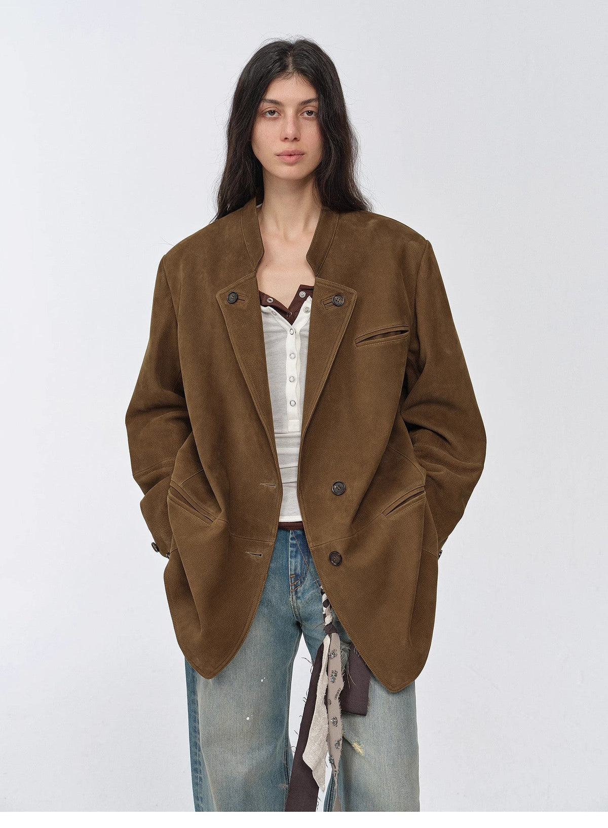 "Bavaria" Vintage Suede & Waxed Goatskin Leather Blazer - Black-Short