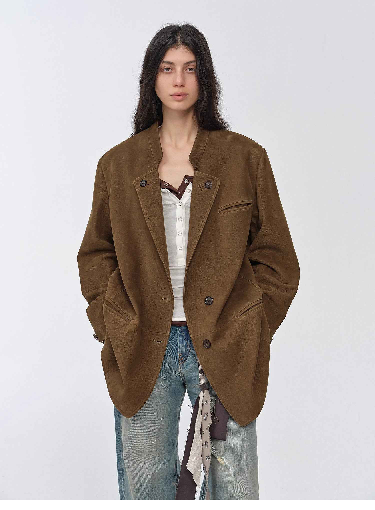 "Bavaria" Vintage Suede and Waxed Goatskin Leather Mid-Length Suit Jacket