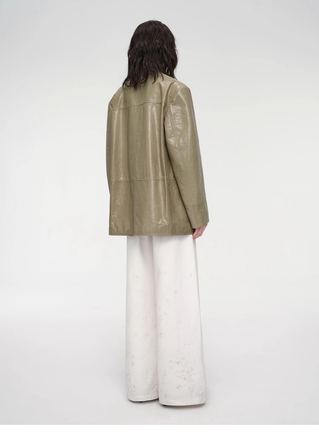 "Windsor Past" Wide-Shoulder Multi-Pocket Waxed Leather Suit Jacket