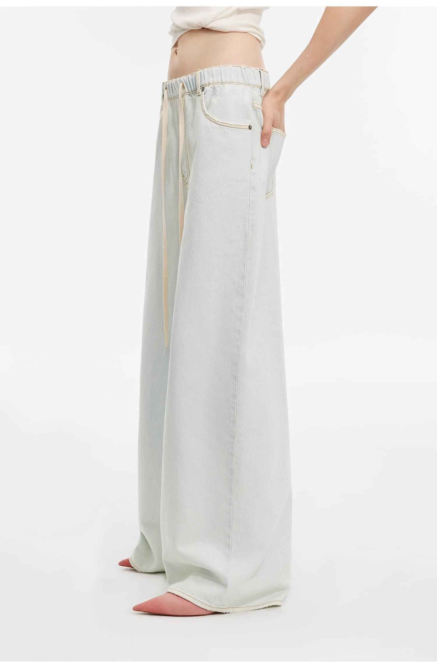 "Mint Whisper" Washed Wide-Leg Jeans with Adjustable Drawstring Waist