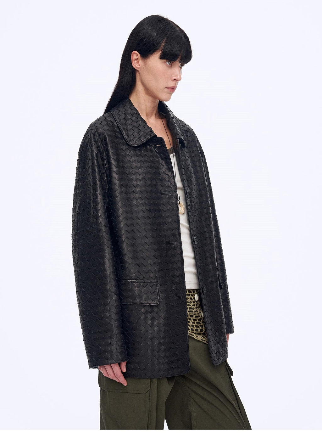 "Rembrandt Night" Perforated Lambskin Woven Leather Jacket