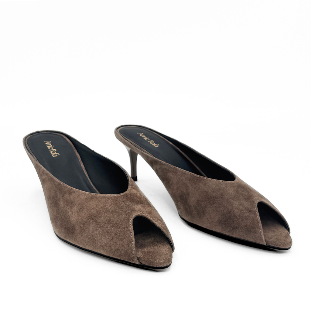 Audrey II Peeptoe Suede Mule in taupe — pair, angled view