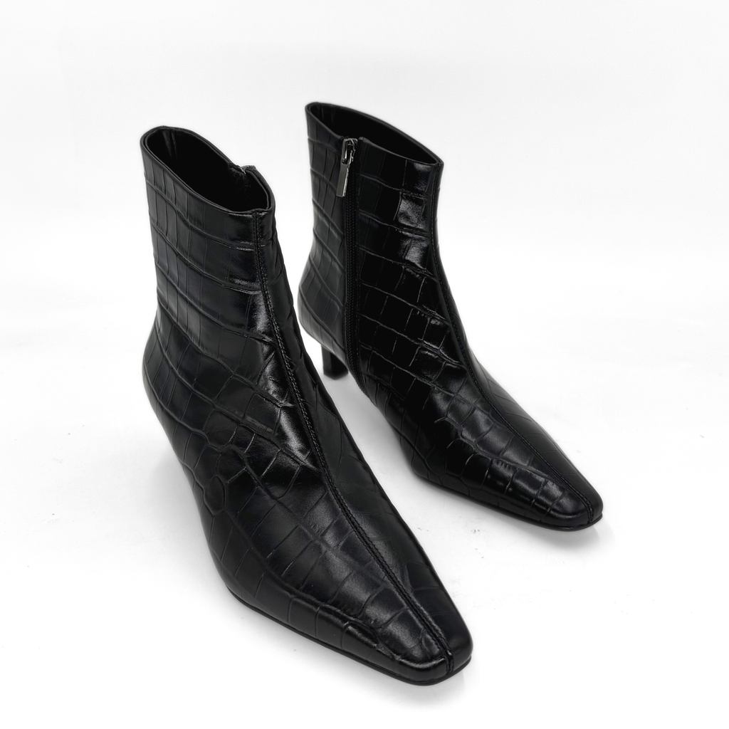Tess Kitten Heel Booties in black croc — pair, angled view