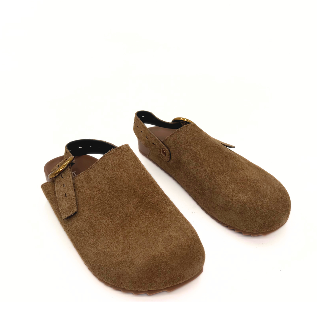 Toni Suede Clogs in taupe — pair, angled view