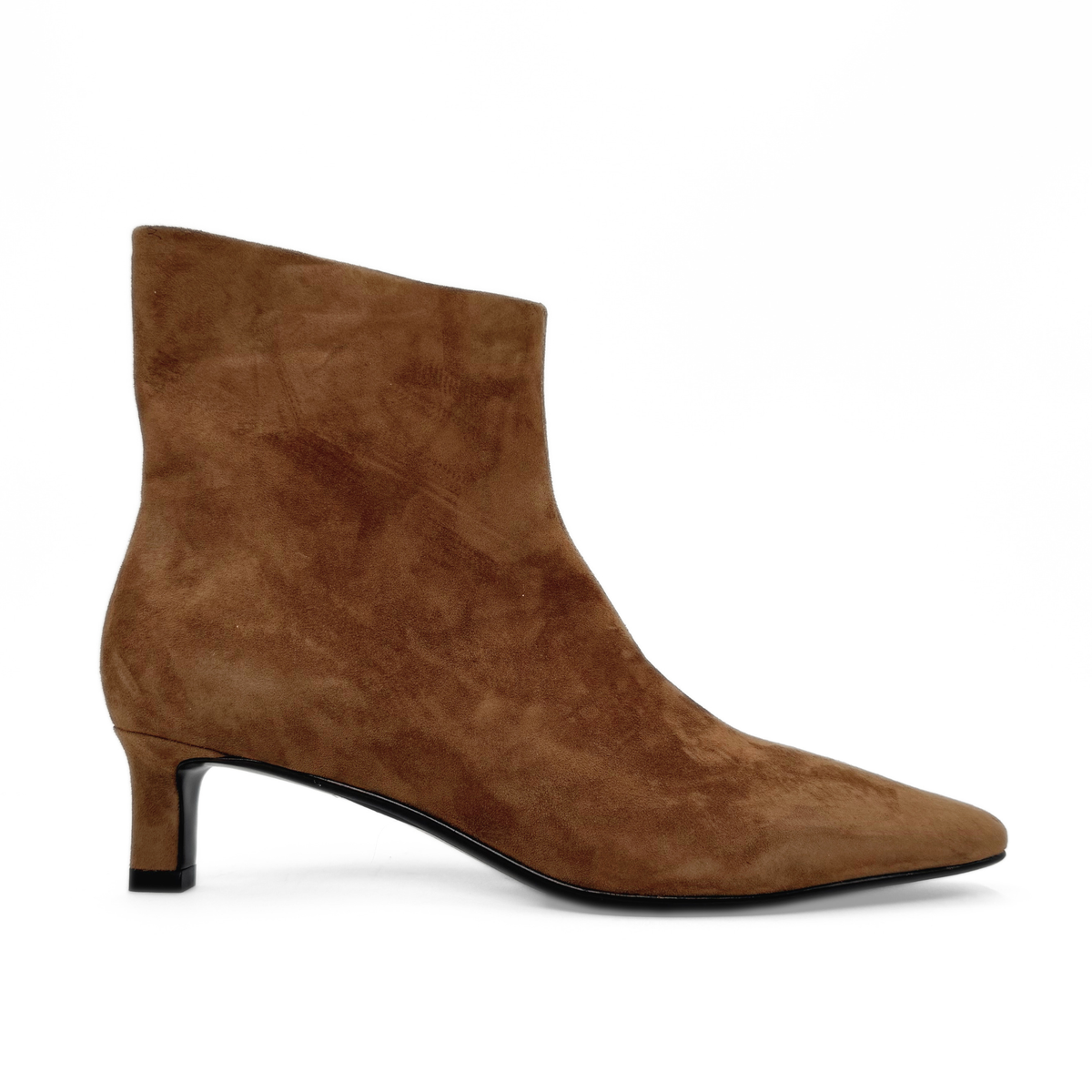 Tess Kitten Heel Booties in tan suede — side view