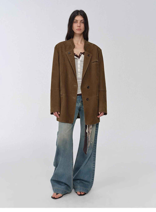 "Bavaria" Vintage Suede and Waxed Goatskin Leather Mid-Length Suit Jacket