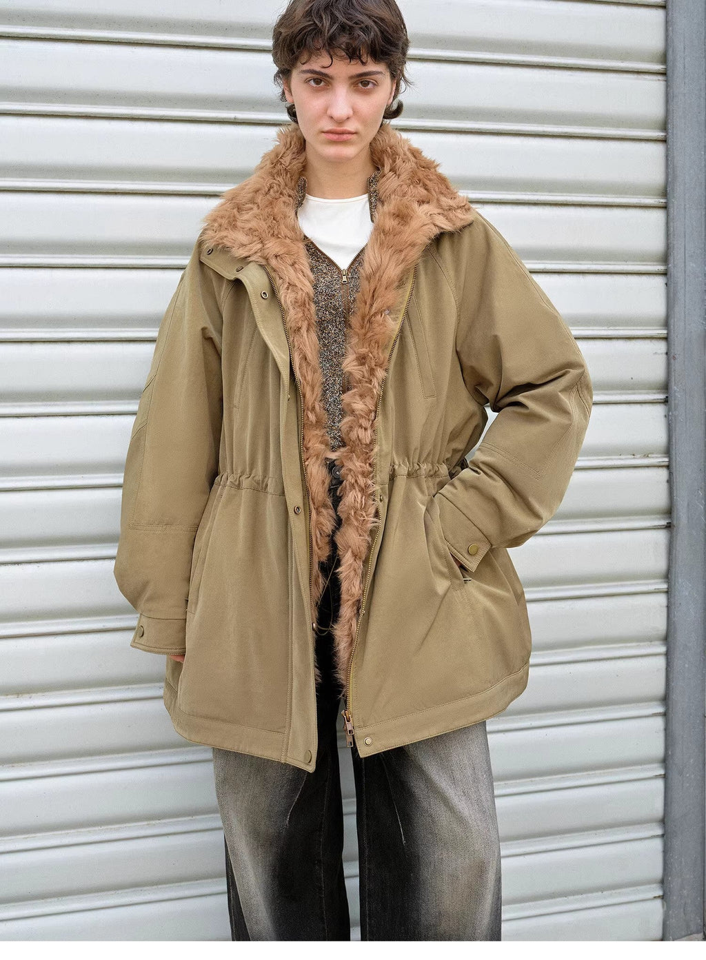 "Amber Pine Forest" Curly Collar 90% Goose Down Mid-Length Parka