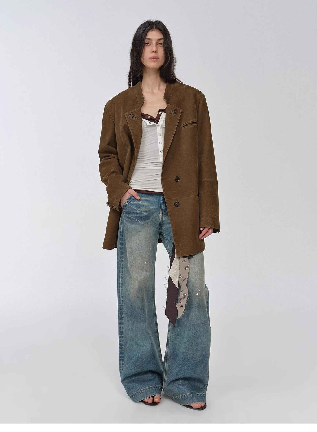 "Bavaria" Vintage Suede and Waxed Goatskin Leather Mid-Length Suit Jacket
