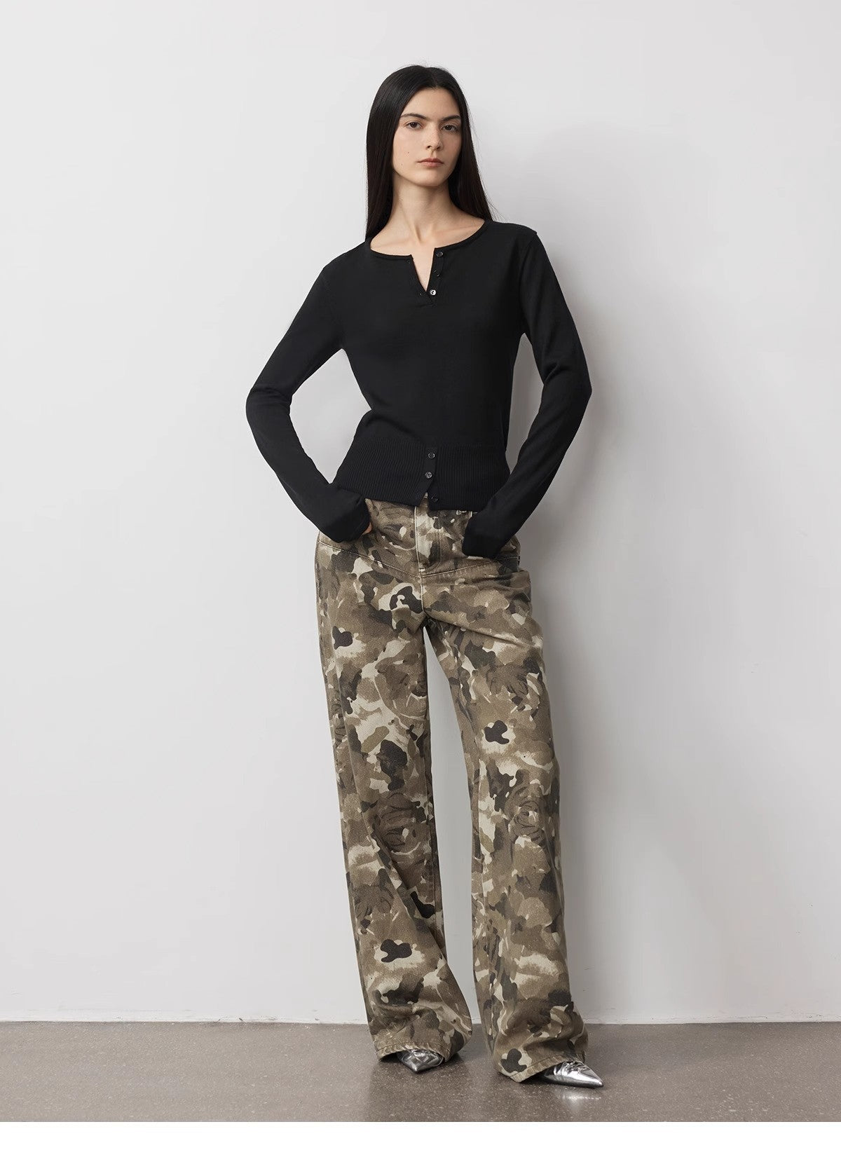 “Camouflage Charm” Washed Camouflage Print Loose Straight-Leg Denim Jeans