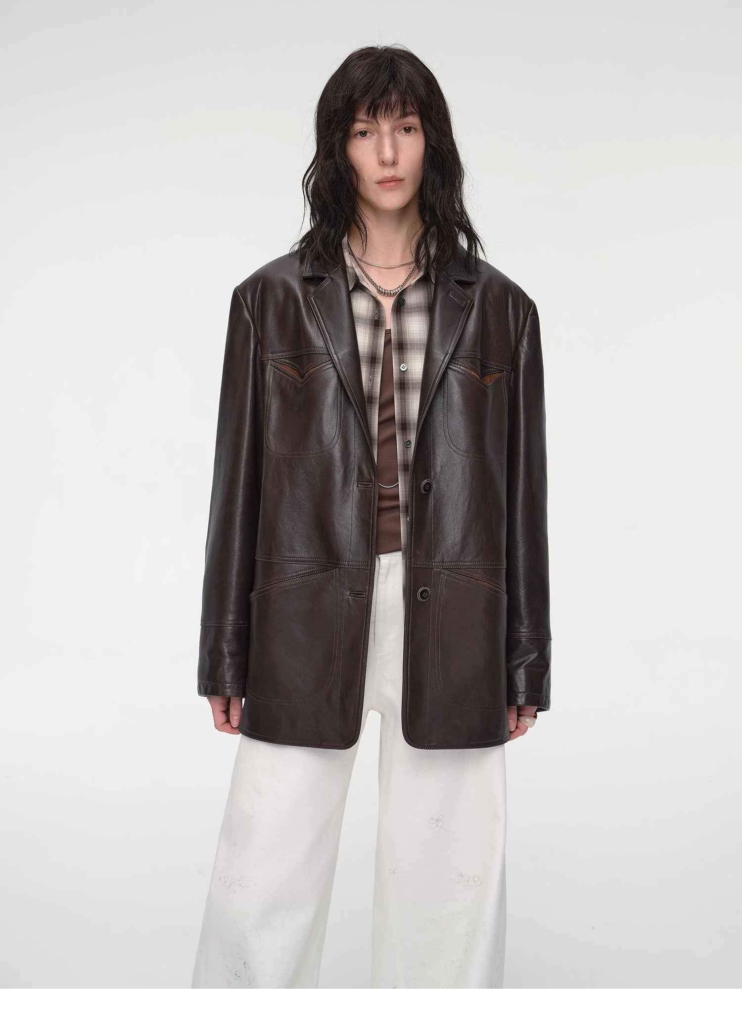 "Windsor Past" Wide-Shoulder Waxed Leather Suit Jacket