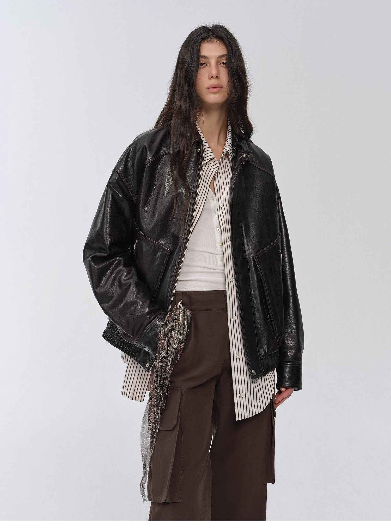 New York International Student Imported Waxed Leather Bomber Jacket