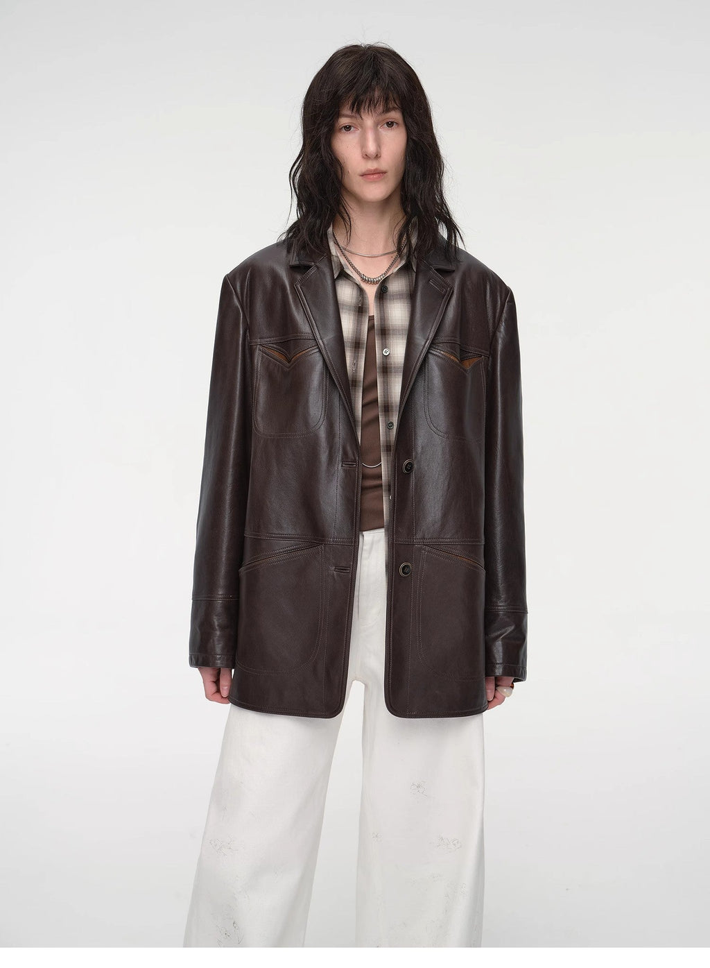 "Windsor Past" Wide-Shoulder Multi-Pocket Waxed Leather Suit Jacket