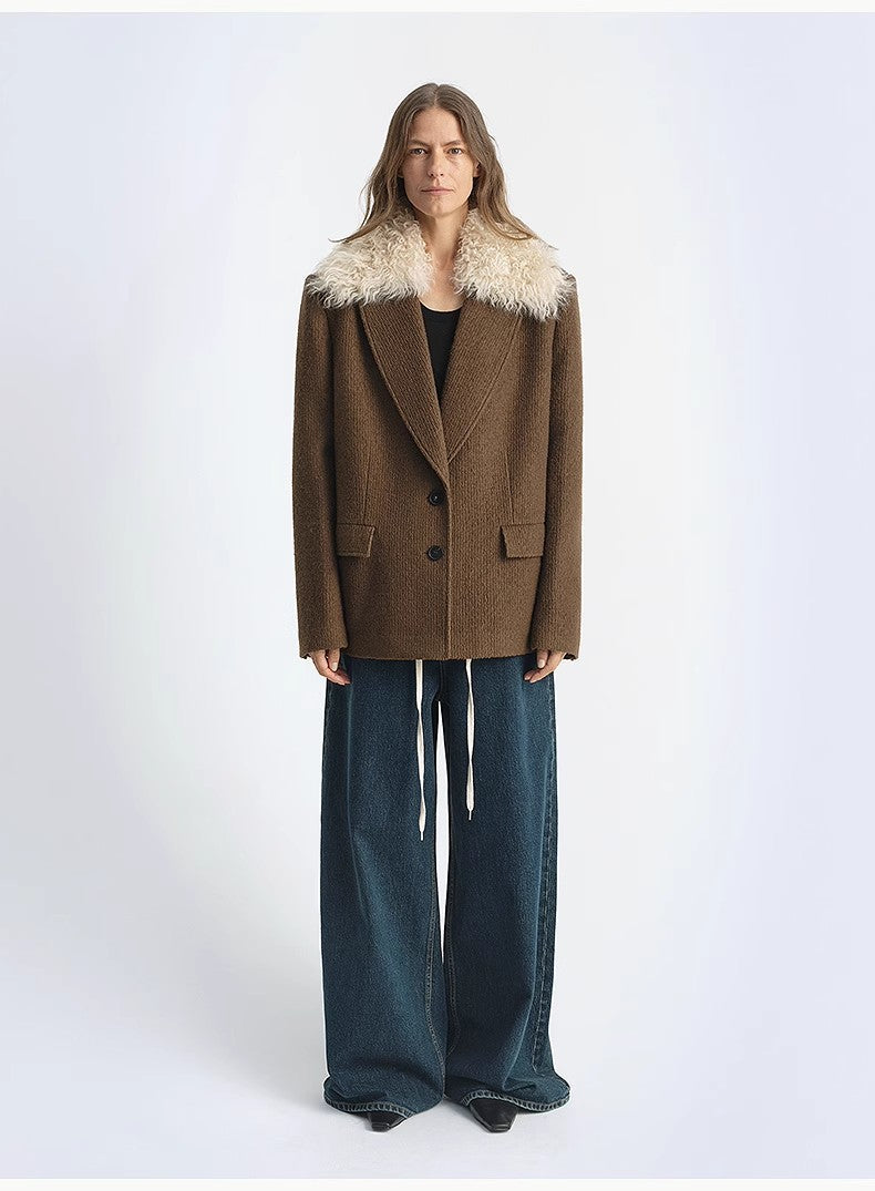 "Vertical Texture" brown wool tweed coat with detachable fur collar, worn with wide-leg jeans