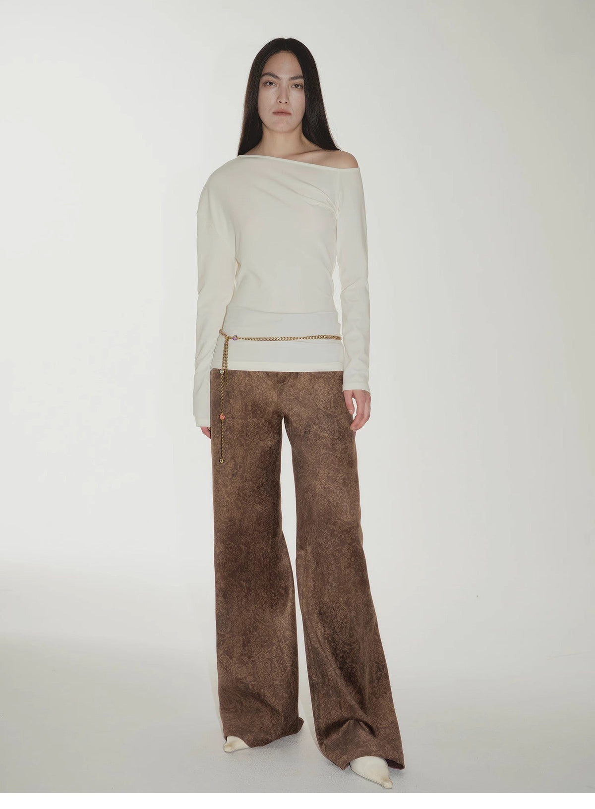 Custom Title — "Vintage Walk" Retro Chenille Suede Mid-Rise Paisley Print Pants