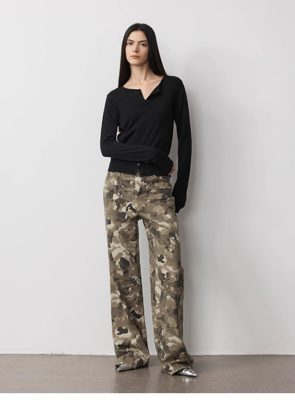 “Camouflage Charm” Washed Camouflage Print Loose Straight-Leg Denim Jeans
