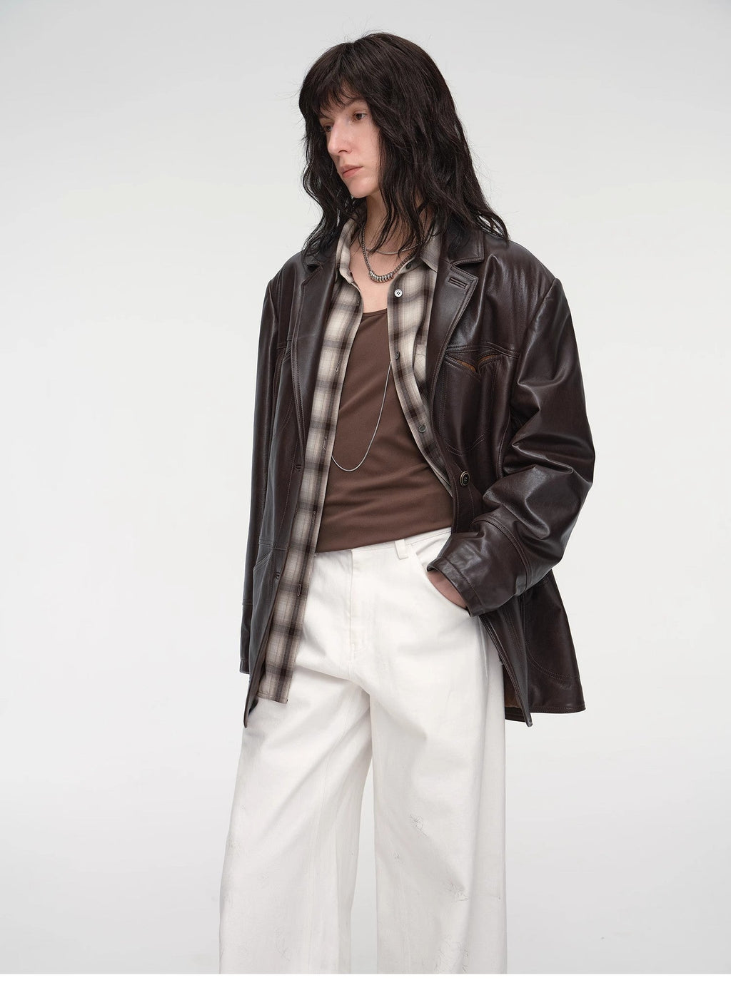 "Windsor Past" Wide-Shoulder Multi-Pocket Waxed Leather Suit Jacket