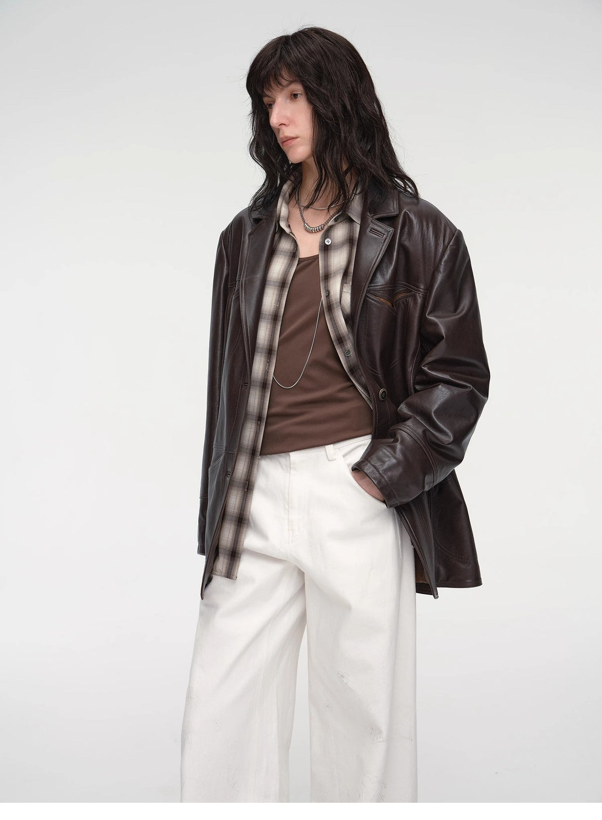 "Windsor Past" Wide-Shoulder Multi-Pocket Waxed Leather Suit Jacket
