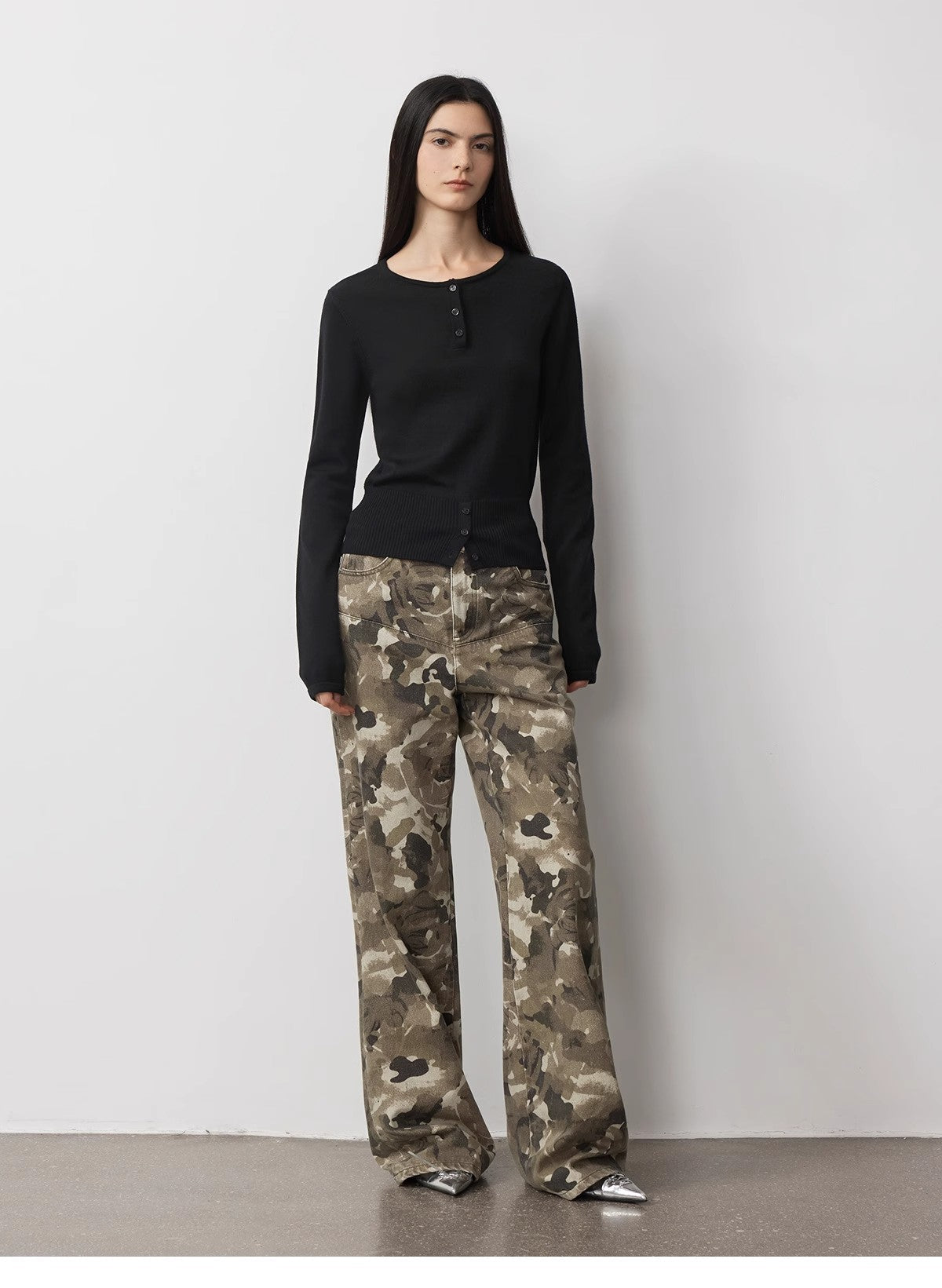 “Camouflage Charm” Washed Camouflage Print Loose Straight-Leg Denim Jeans