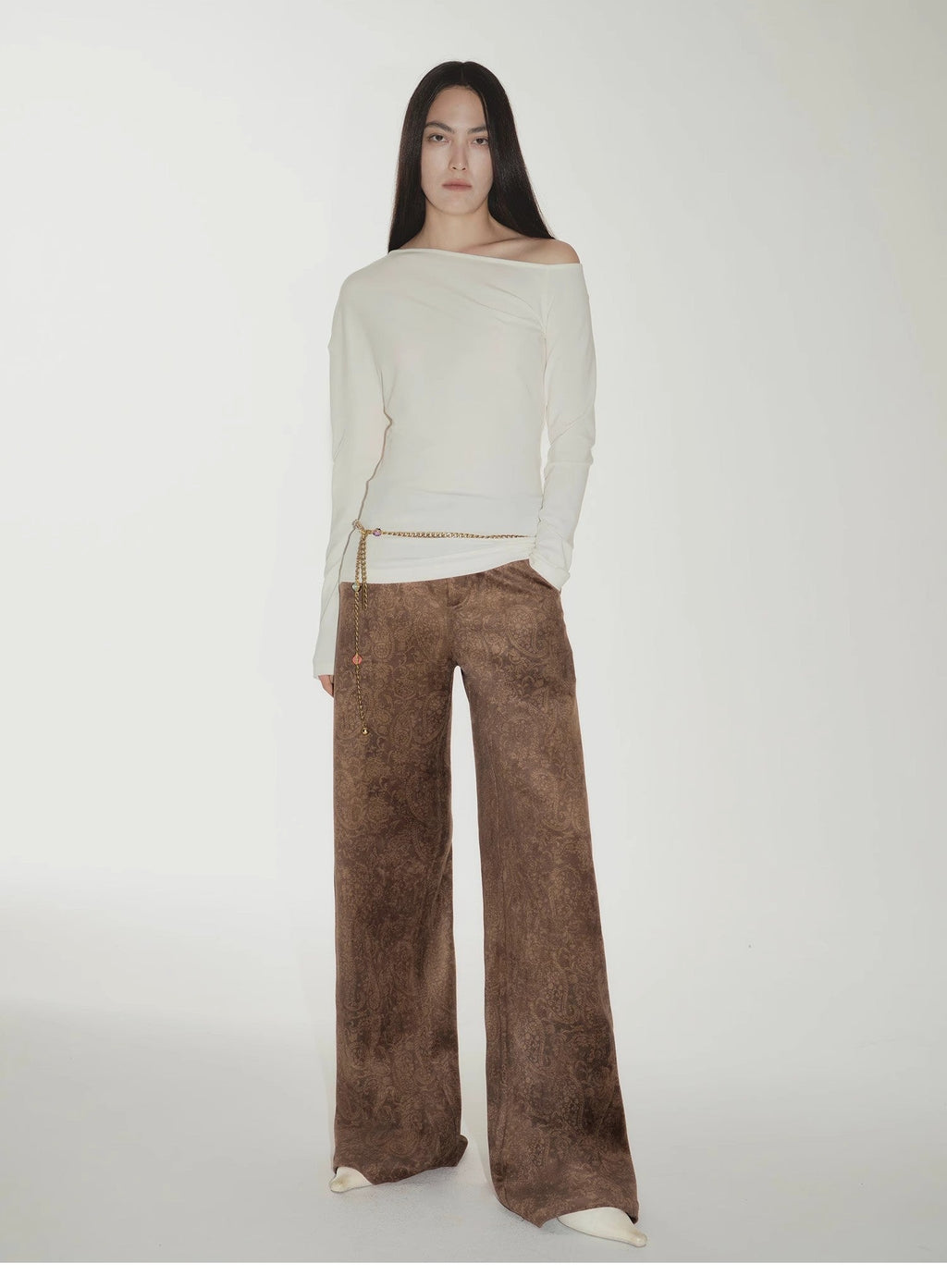 Custom Title — "Vintage Walk" Retro Chenille Suede Mid-Rise Paisley Print Pants