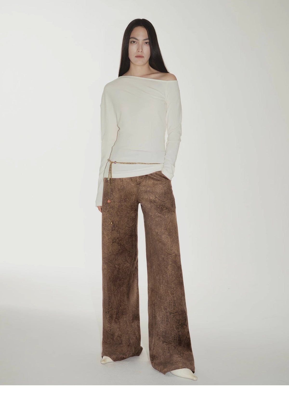 Custom Title — "Vintage Walk" Retro Chenille Suede Mid-Rise Paisley Print Pants