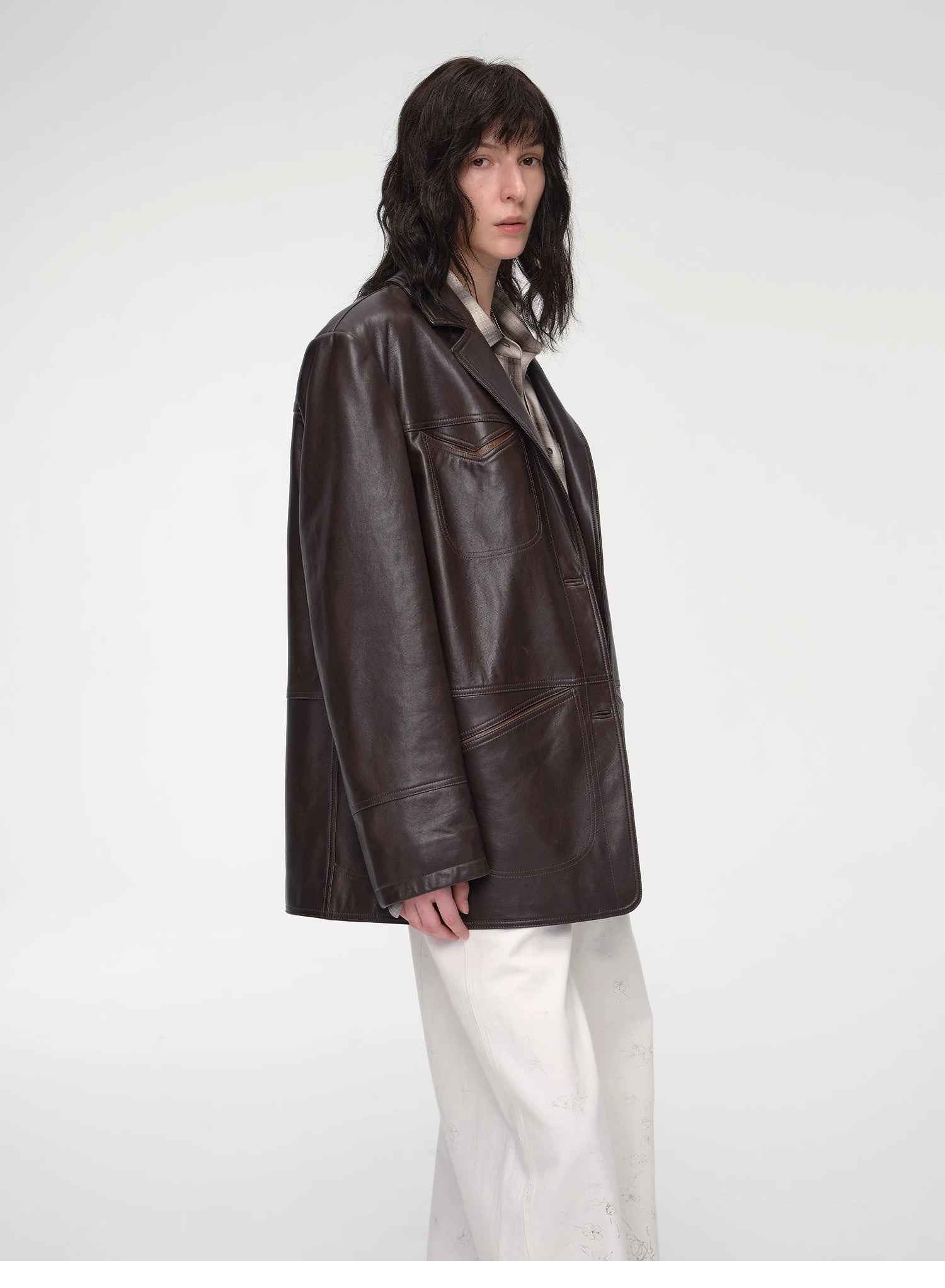 "Windsor Past" Wide-Shoulder Waxed Leather Suit Jacket
