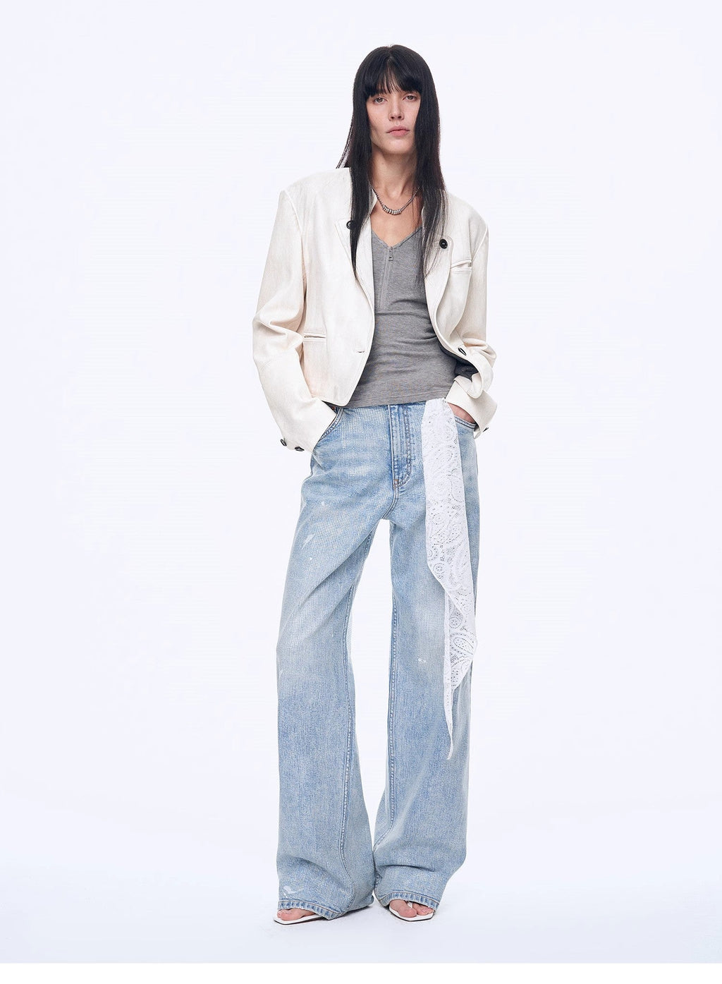 “Art Journey” Distressed Dirty-Dyed Tencel Cotton Jeans with Hot-Fixed Sequins
