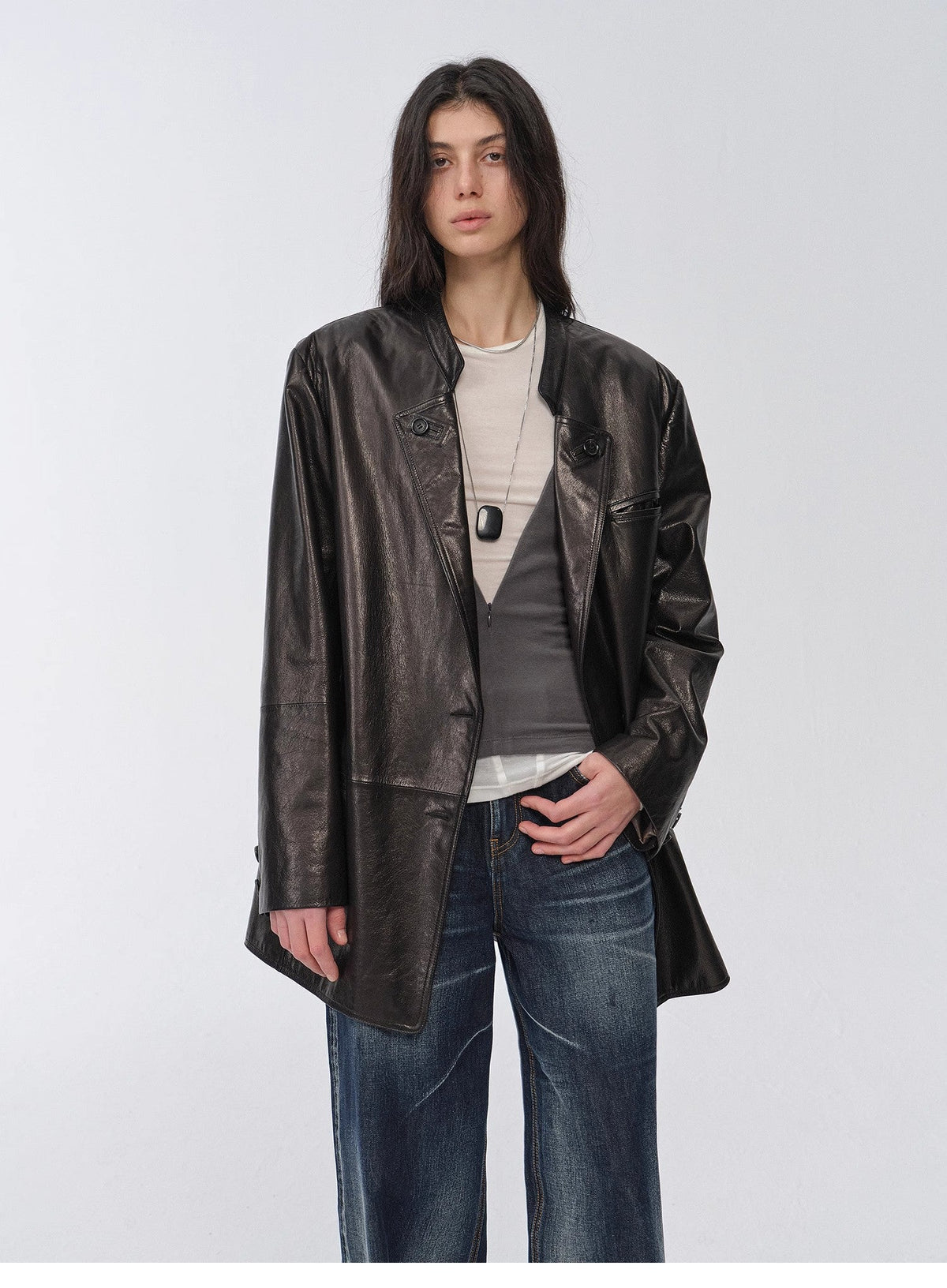 "Bavaria" Vintage Suede & Waxed Goatskin Leather Blazer - Black-Short