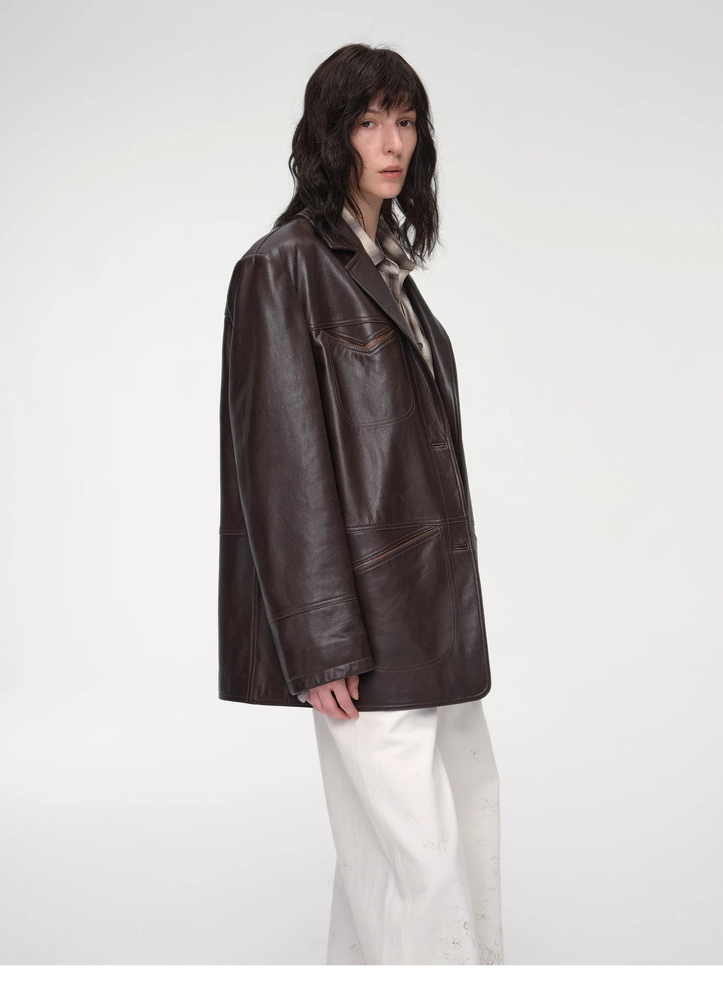 "Windsor Past" Wide-Shoulder Multi-Pocket Waxed Leather Suit Jacket