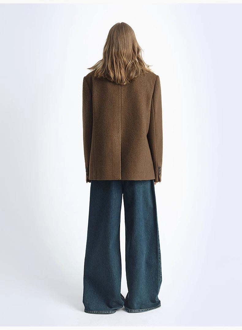 "Vertical Texture" Wool Tweed Coat with Detachable Fur Collar