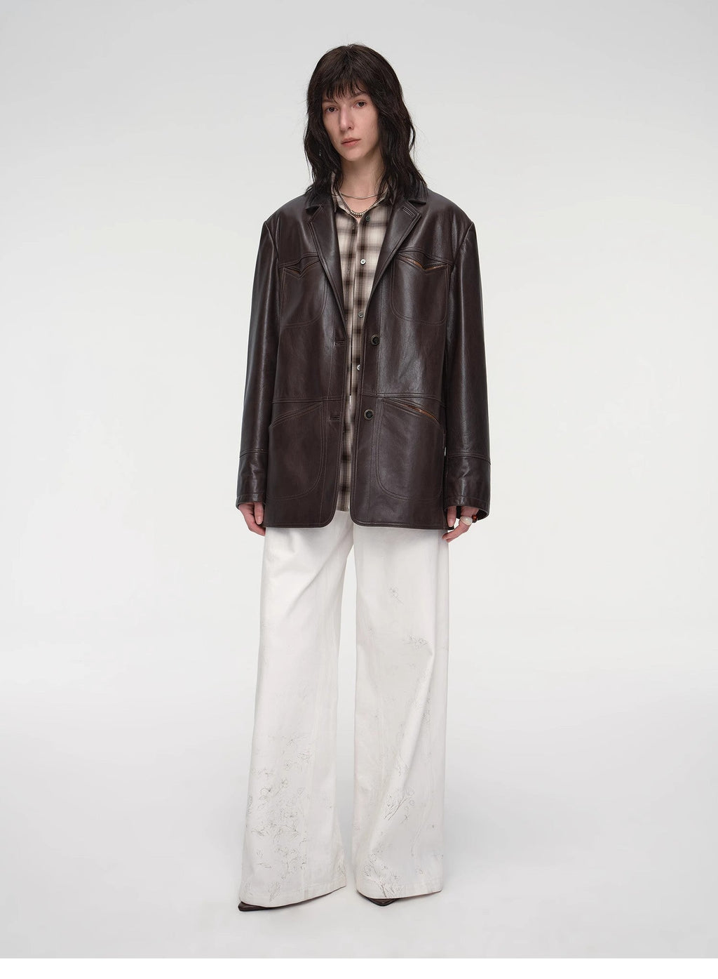 "Windsor Past" Wide-Shoulder Multi-Pocket Waxed Leather Suit Jacket